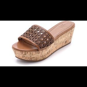 Tory Burch Perforated Leather Fret Wedge Slides